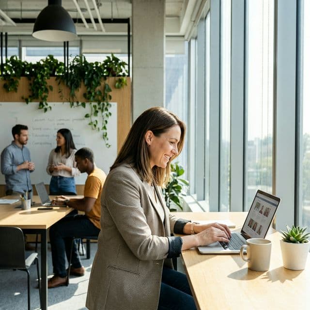 Non-profit coordinator reviewing volunteer profiles on a laptop in a modern office