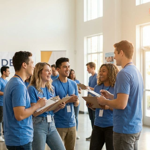 Diverse volunteers in blue t-shirts engaged in a community volunteer event